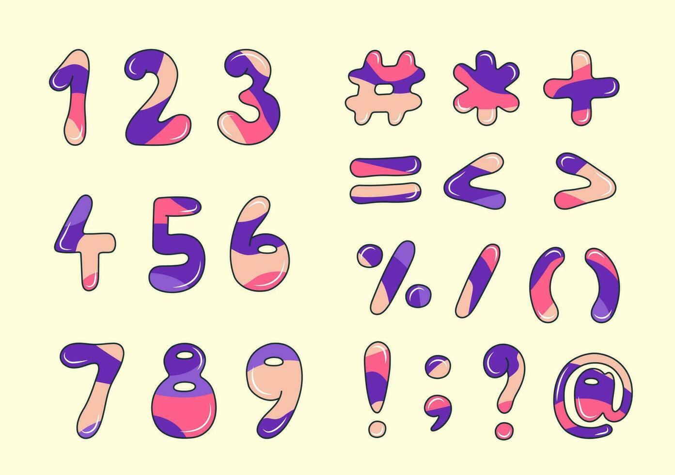 Cartoon numbers and symbols. Set of signs. vector