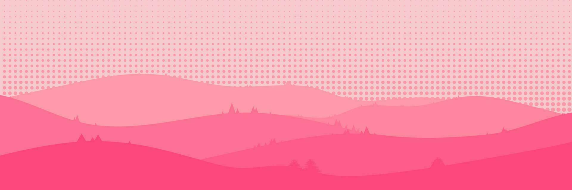 Beautiful landscape in pink. Asian style. Long hills and mountains scenery background design. Vector illustration. Suitable for landing pages, web, wall painting and posters.