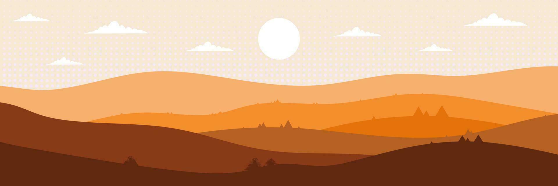 Beautiful landscape in brown. Asian style. Long hills and mountains scenery background design. Vector illustration. Suitable for landing pages, web, wall painting and posters.