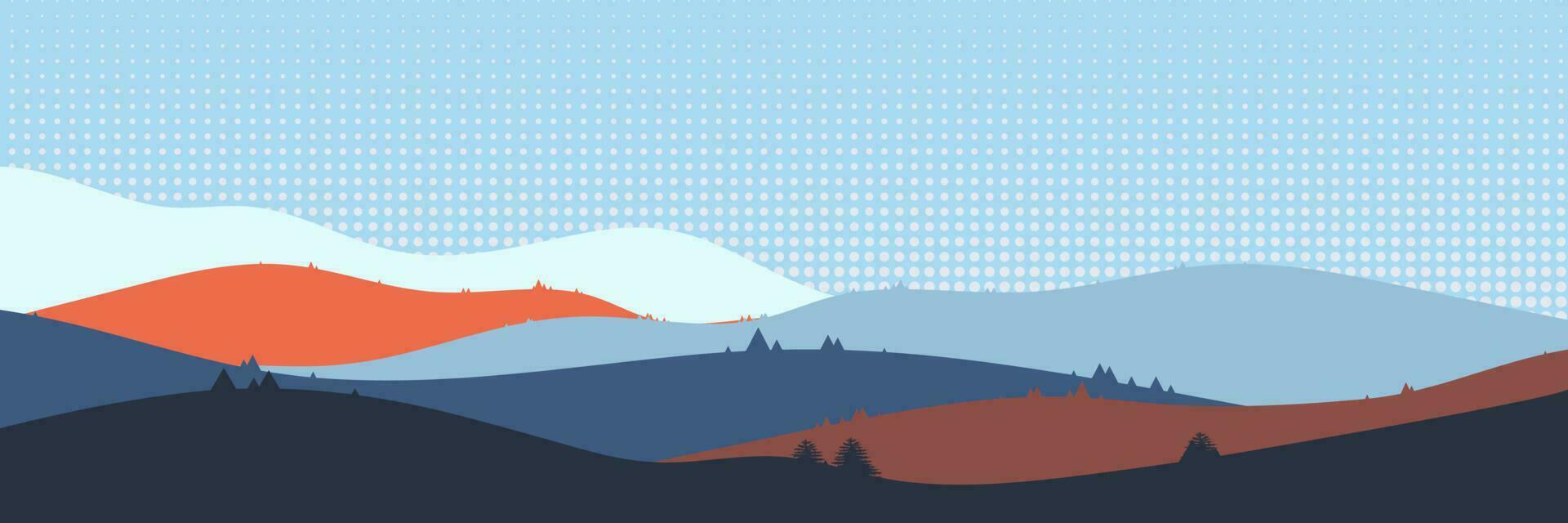 Beautiful landscape. Asian flat style. Long hills and mountains scenery background design. Vector illustration. Suitable for landing pages, web, wall painting and posters.