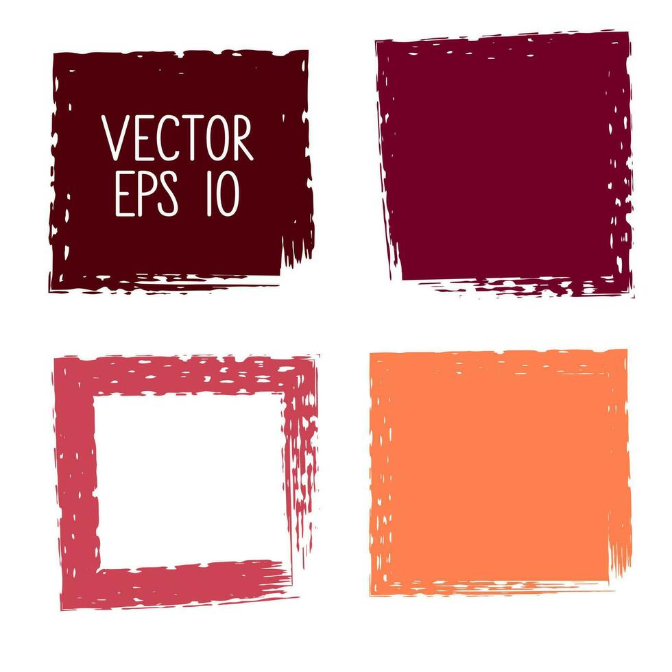 Set of vector square grunge banners isolated on white background. A group of backgrounds with uneven rough edges. Vector design elements, 4 colored square frames