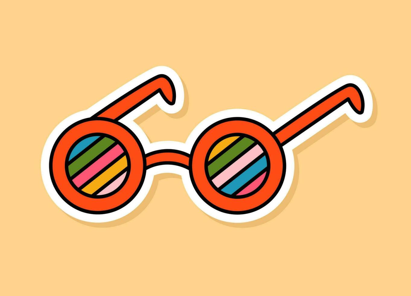 Vector Retro Rainbow glasses sticker isolated on yellow background. 70s style cartoon accessory with white contour