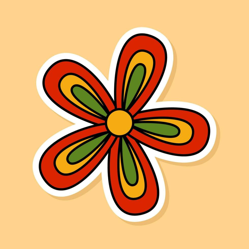 Vector Retro Flower sticker isolated on yellow background. 70s style cartoon rsinbow flower head with white contour