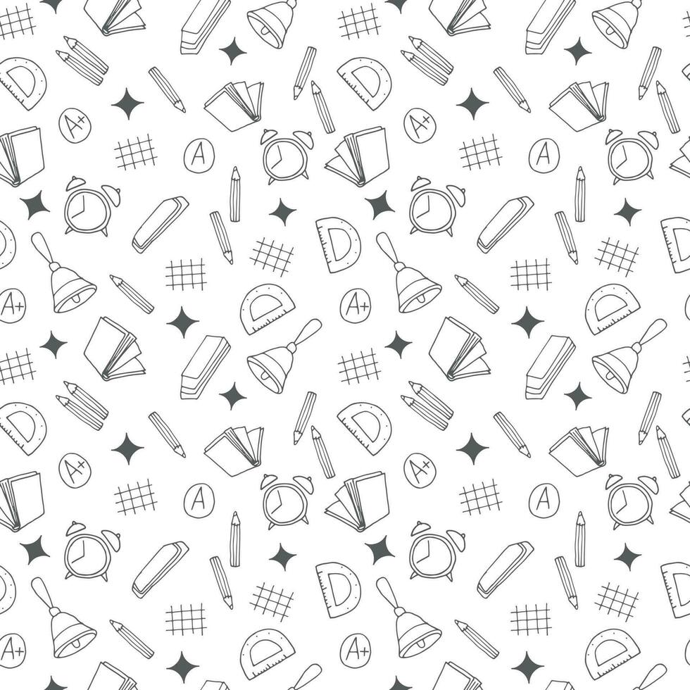 Back to school doodle seamless pattern. Hand drawn background with school supplies and creative elements. Vector illustration.