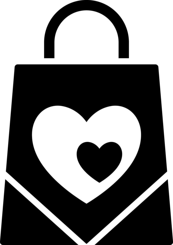 Heart symbol on shopping bag glyph icon. vector