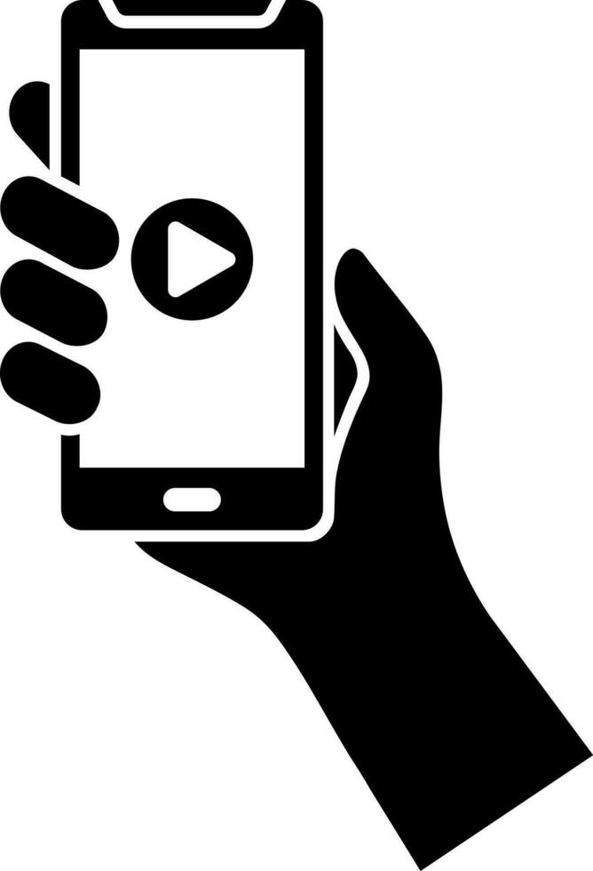 Hand holding video play button on smartphone screen icon. vector