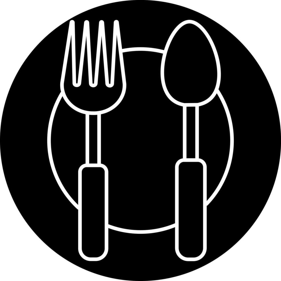 Spoon with fork on plate, Black and White icon. vector