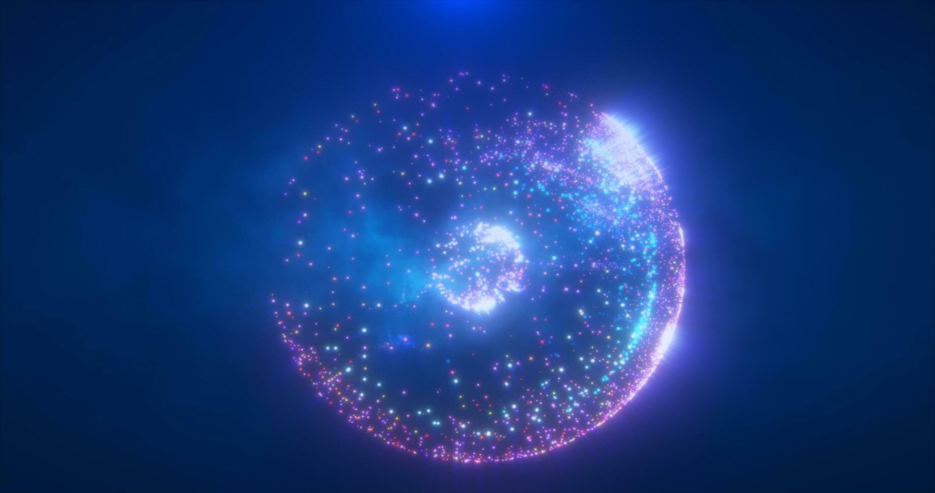 Abstract round blue and purple sphere made of flying particles glowing energy scientific futuristic atom molecule hi-tech background photo