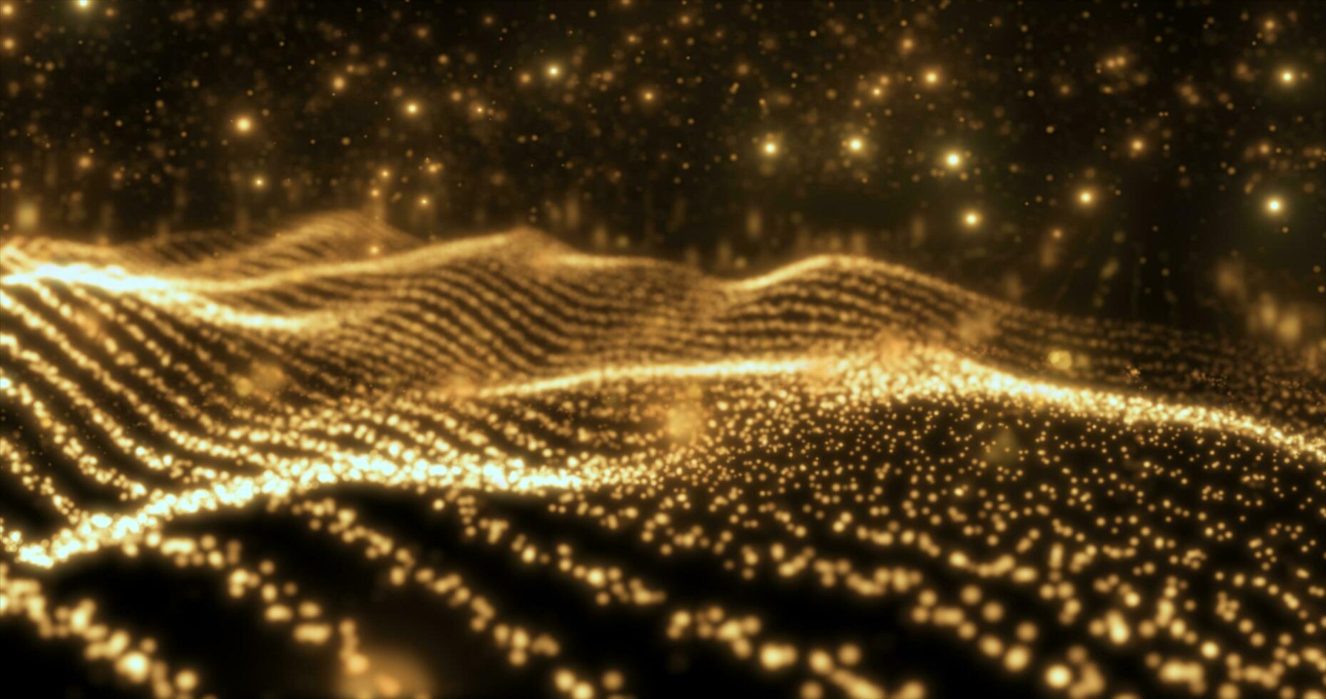 Abstract yellow wave lines from particles and dots of energetic magic with glow effect and blur bokeh abstract background photo