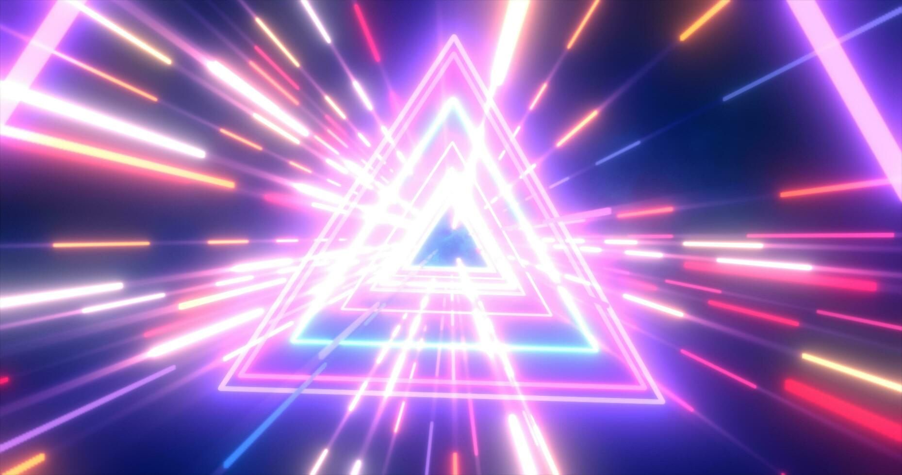 Abstract purple energy futuristic hi-tech tunnel of flying triangles and lines neon magic glowing background photo