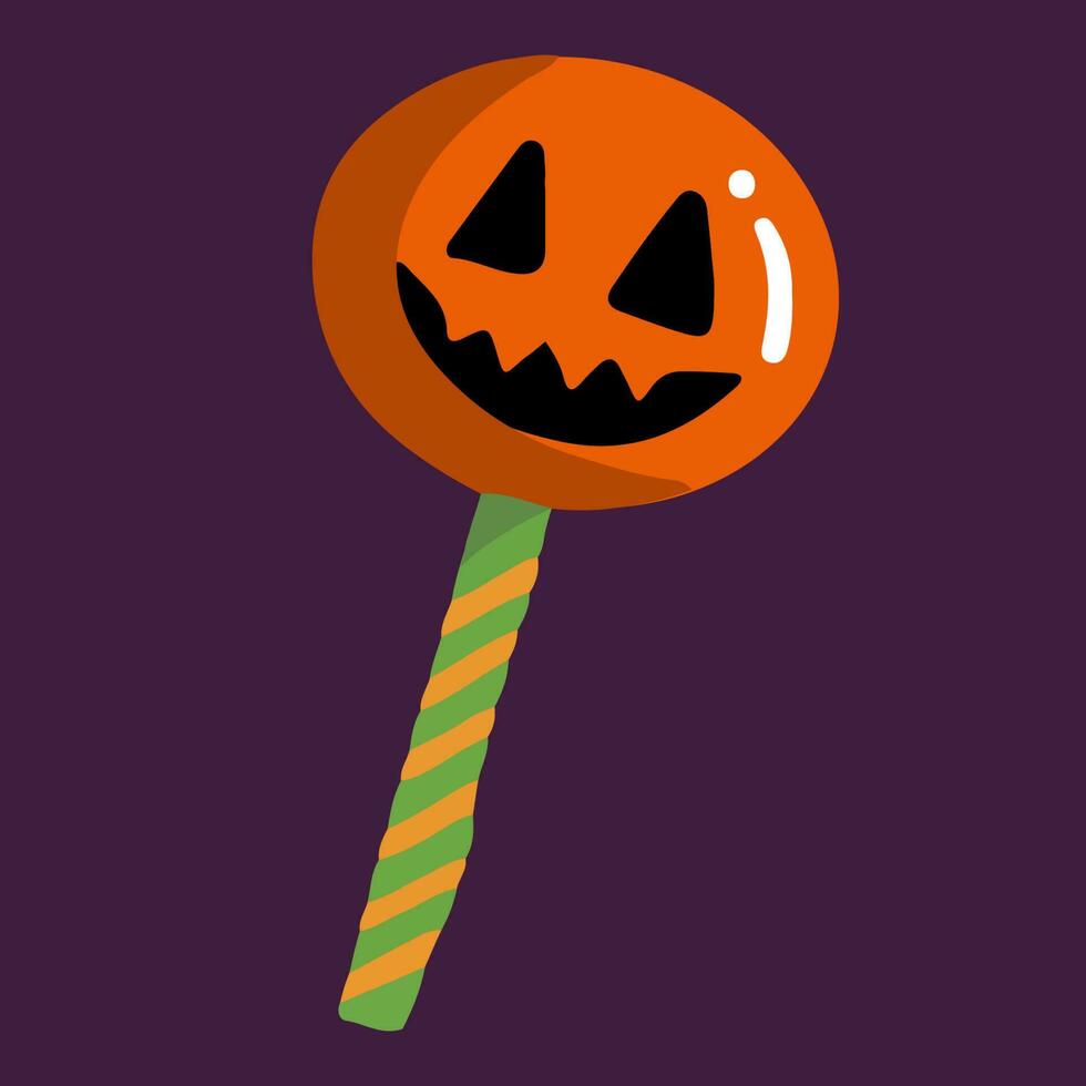 Hand drawn cartoon design of orange lollipop with spooky face in doodle style. Halloween isolated illustration of sweets vector