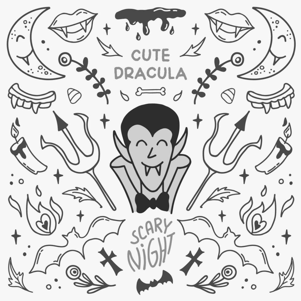 Halloween vector illustration concept with dracula, vampire, bat and crescent. Symmetrical style graphic. Perfect for a social media post, prints, poster, cover or postcard.