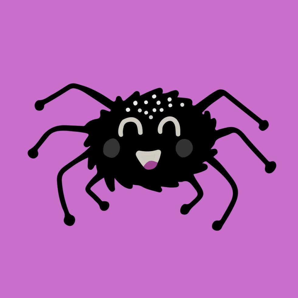 Vector isolated black cute shaggy spider illustration on purple background