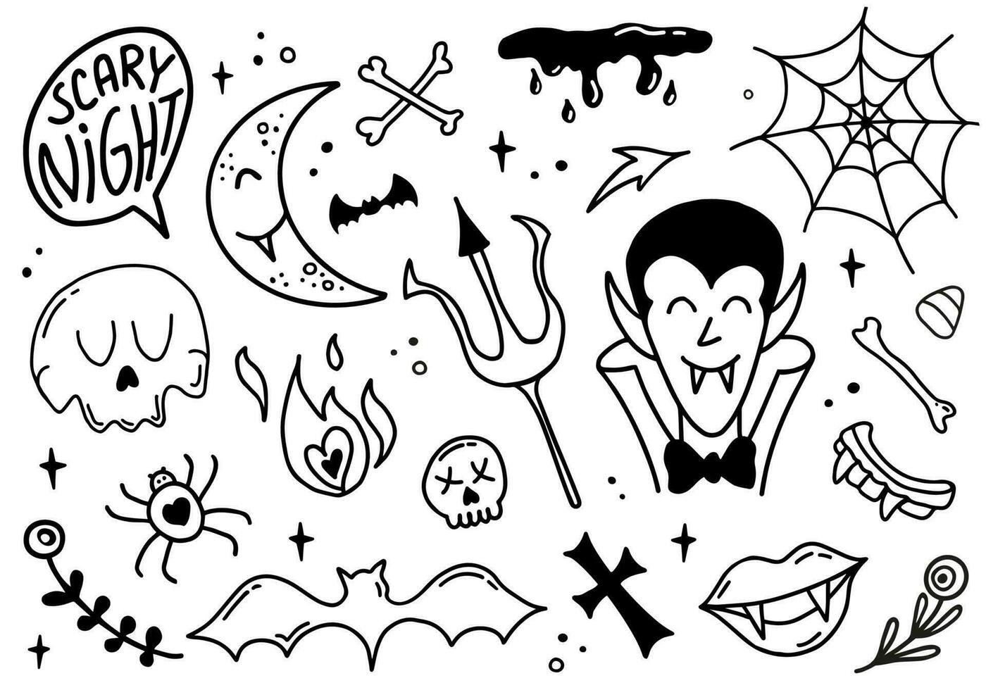 Happy Halloween cute vector set with Dracula, trident, crescent, bat, lips with fangs, dripped blood, skulls, web isolated on white background. Scary night speech bubble lettering quote.