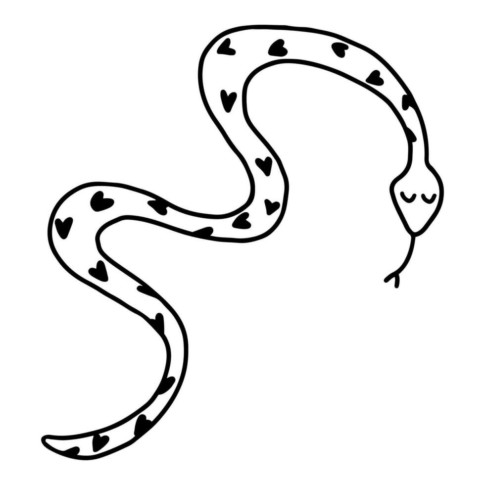 Hand drawn design of snake with hearts picture in doodle style vector