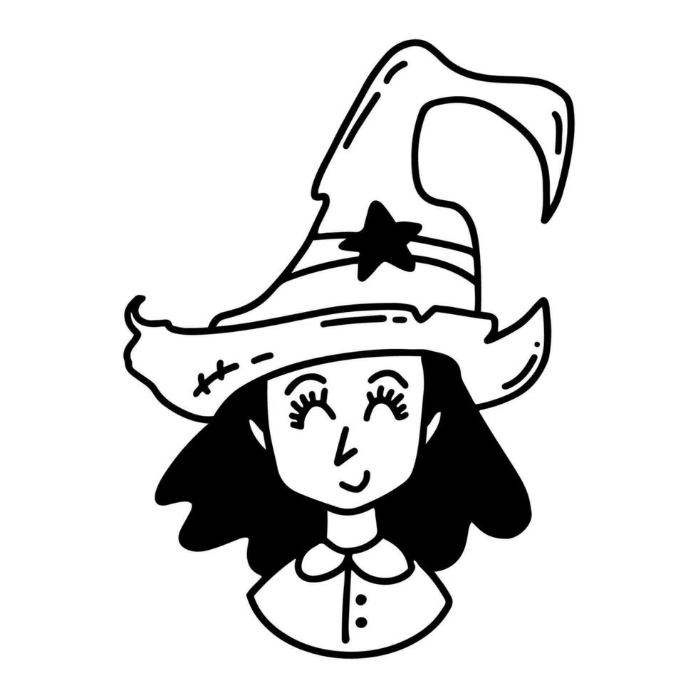 Hand drawn character design of cute witch in doodle style vector