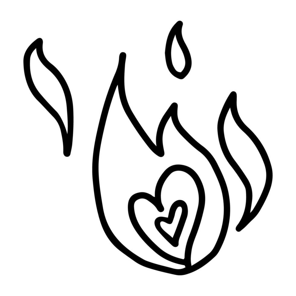 Outline illustration of fire with heart inside in doodle style vector