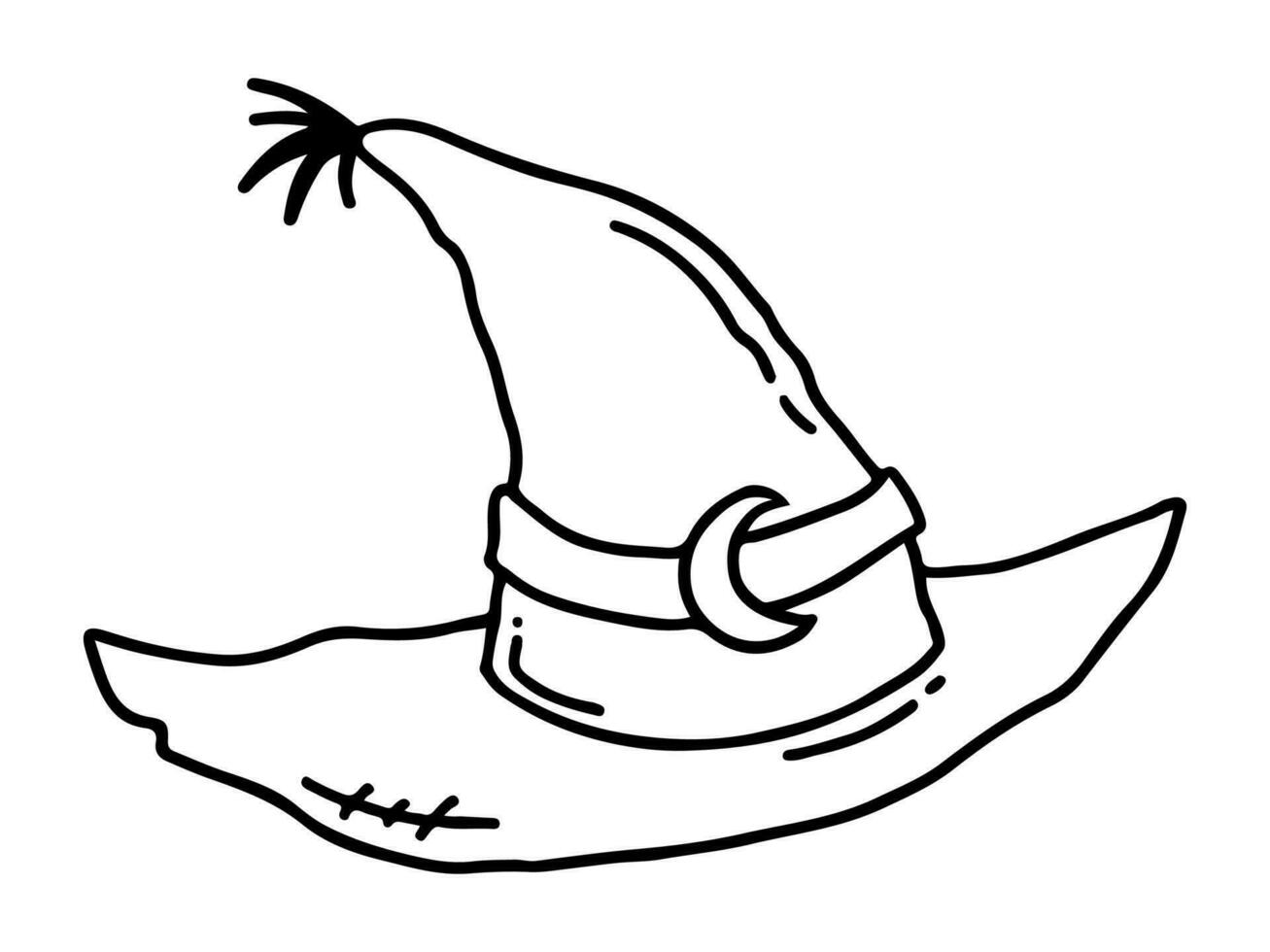 Hand drawn line illustration of witch hat with crescent picture in doodle style vector