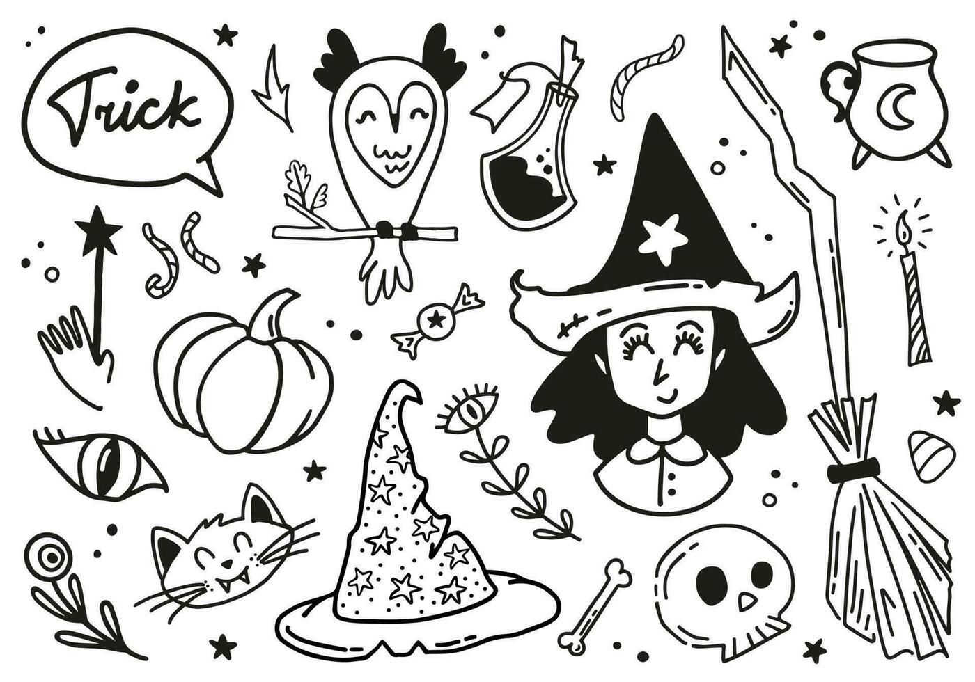 Happy Halloween cute vector set with wizardess, broom, wand, cat, owl, potion, witch hat isolated on white background. Trick speech bubble lettering quote in doodle style