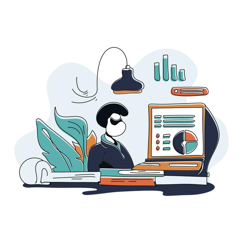 Case Study Analysis Design a vector scene depicting students or professionals analyzing real-world business cases, using data, charts, and diagrams to understand and present their finding