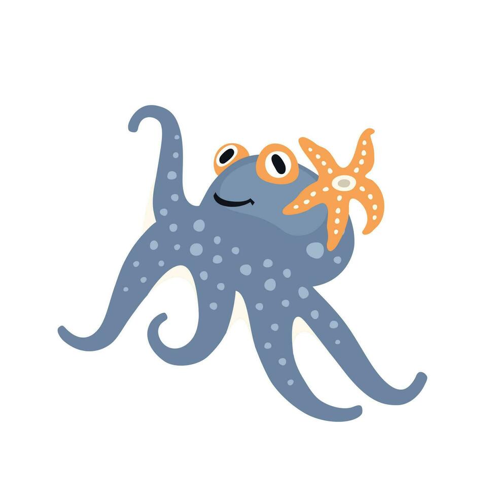 linda dibujos animados mar azul pulpo, plano estilo ilustración. vector