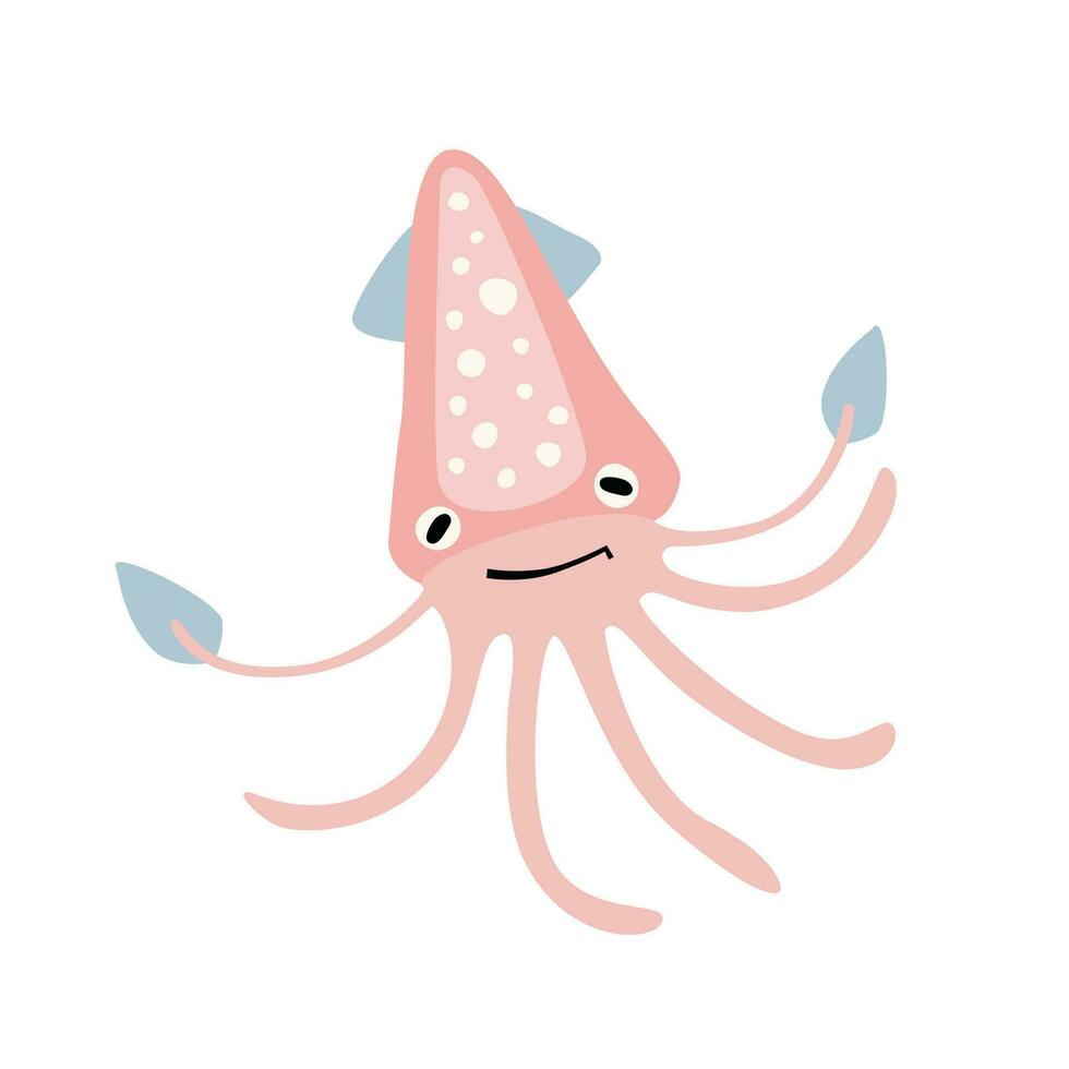 Cute cartoon sea pink squid , flat style illustration. vector