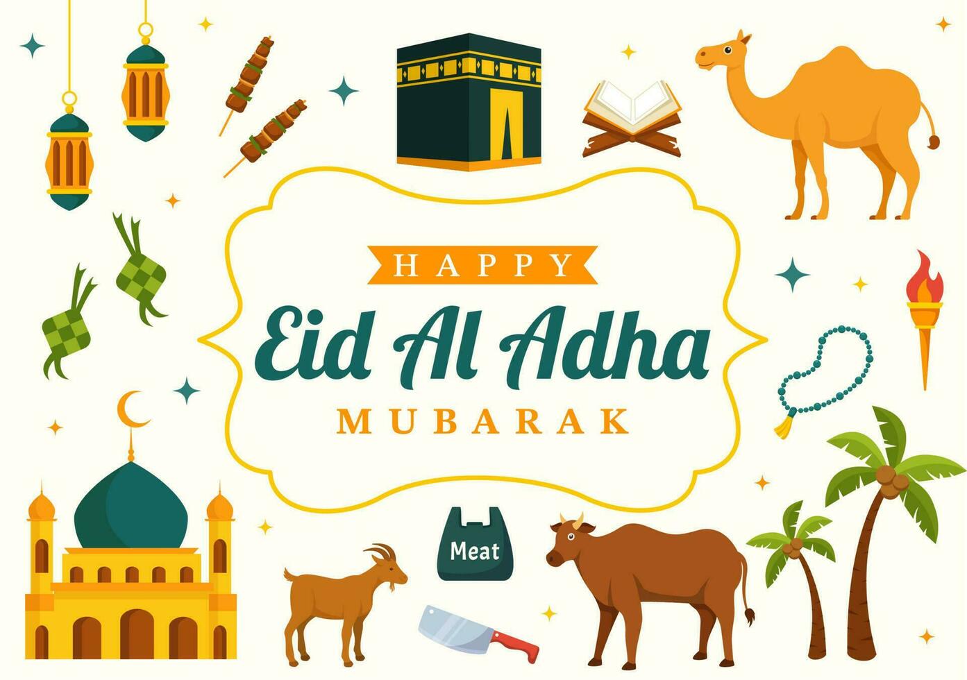 Happy Eid Al Adha Mubarak Vector Illustration of Muslims Celebration with Sacrificial Animals Goat and Cow in Flat Cartoon Hand Drawn Templates