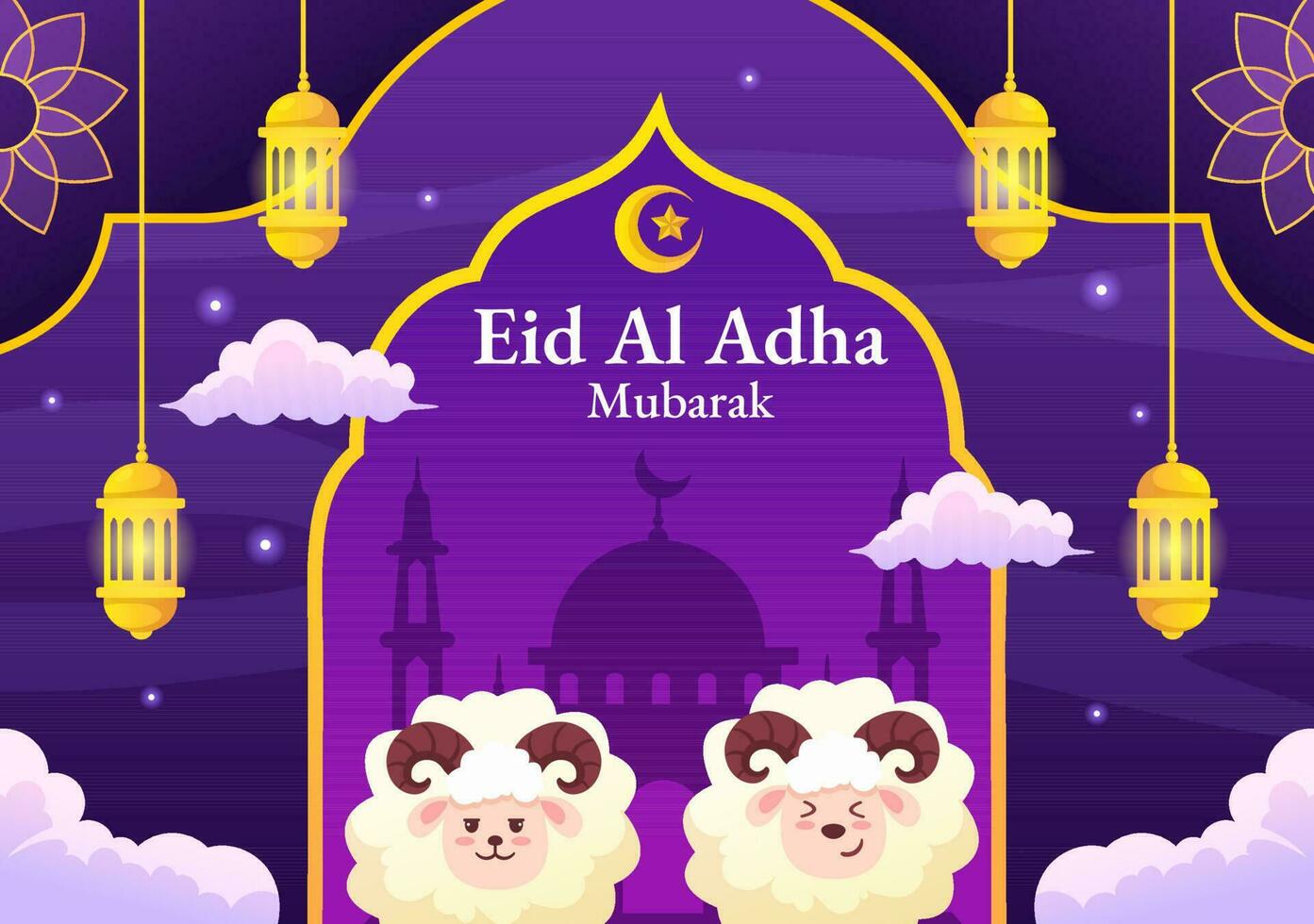 Happy Eid Al Adha Mubarak Vector Illustration of Muslims Celebration with Sacrificial Animals Goat and Cow in Flat Cartoon Hand Drawn Templates