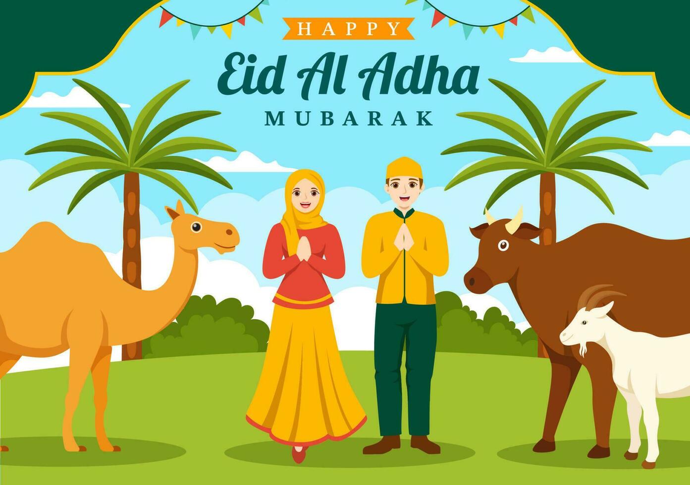 contento eid Alabama adha Mubarak vector ilustración de musulmanes celebracion con sacrificatorio animales cabra y vaca en plano dibujos animados mano dibujado plantillas