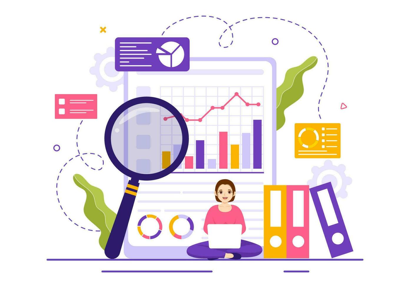 mercado investigación y análisis vector ilustración con equipo administración y analítica para haciendo datos Estadísticas en plano dibujos animados mano dibujado plantillas