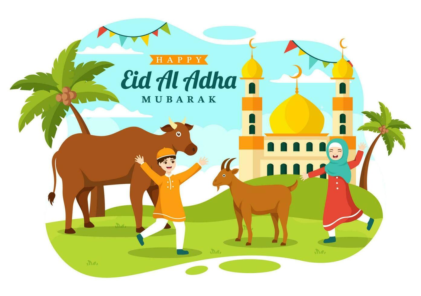 Happy Eid Al Adha Mubarak Vector Illustration of Kids Muslims Celebration with Sacrificial Animals Goat and Cow in Cartoon Hand Drawn Templates