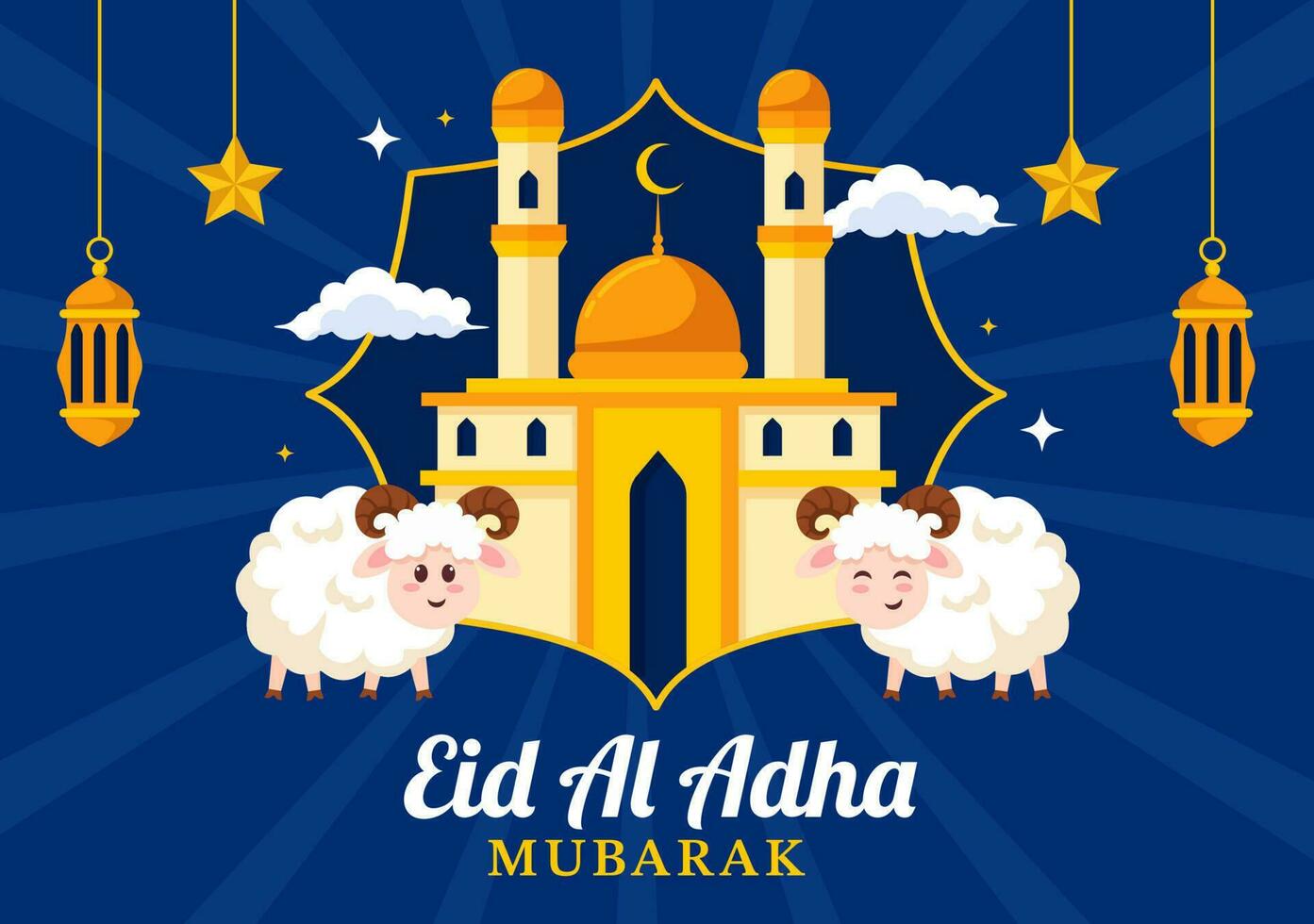 Happy Eid Al Adha Mubarak Vector Illustration of Muslims Celebration with Sacrificial Animals Goat and Cow in Flat Cartoon Hand Drawn Templates