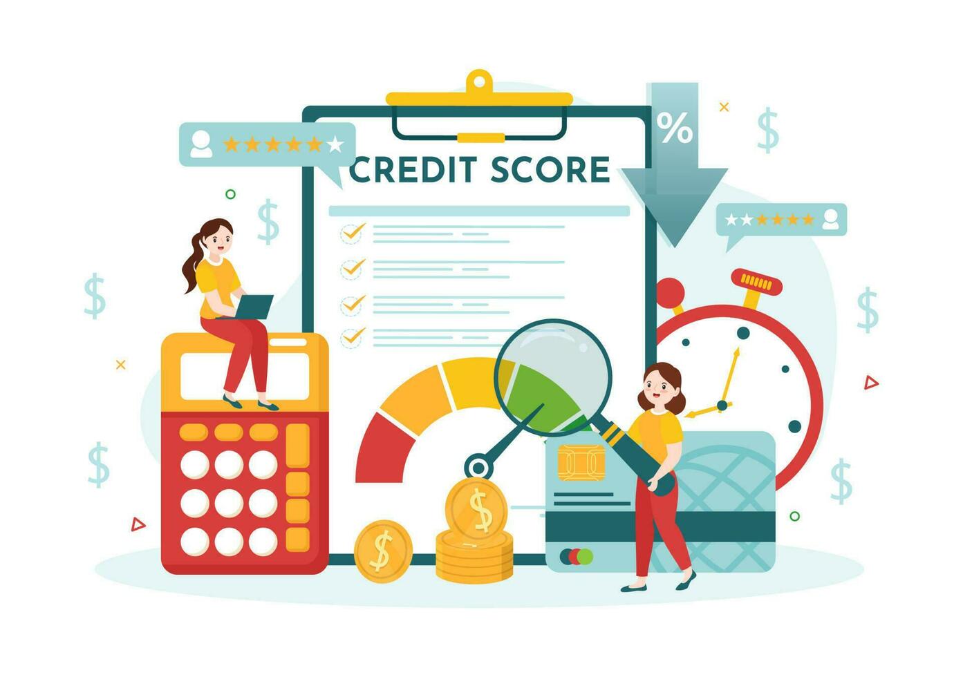 Credit Score Vector Illustration with Loan Arrow Gauge Speedometer Indicator from Poor to Good Rate in Flat Cartoon Hand Drawn Templates