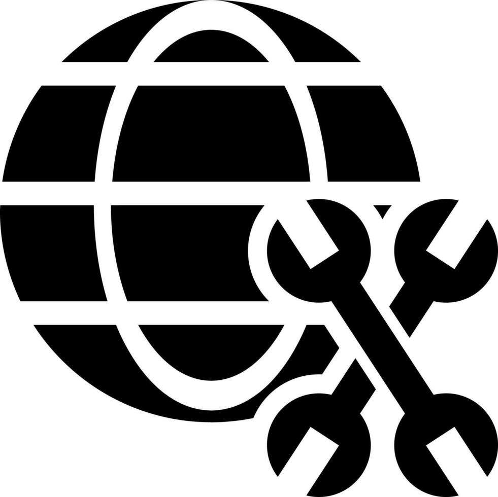 Illustration of globe with wrench glyph icon. vector