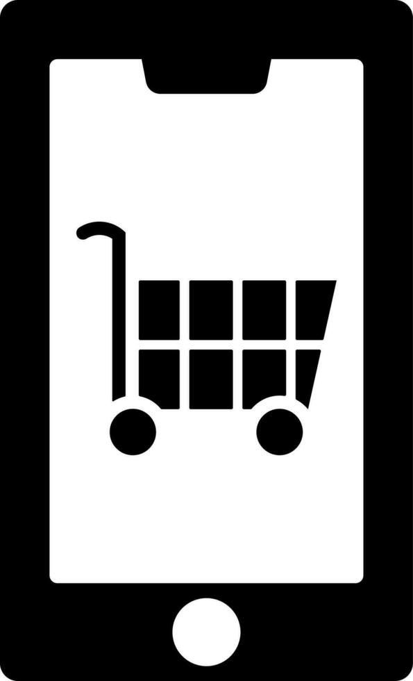 en línea compras aplicación en teléfono inteligente icono en negro y blanco color. vector