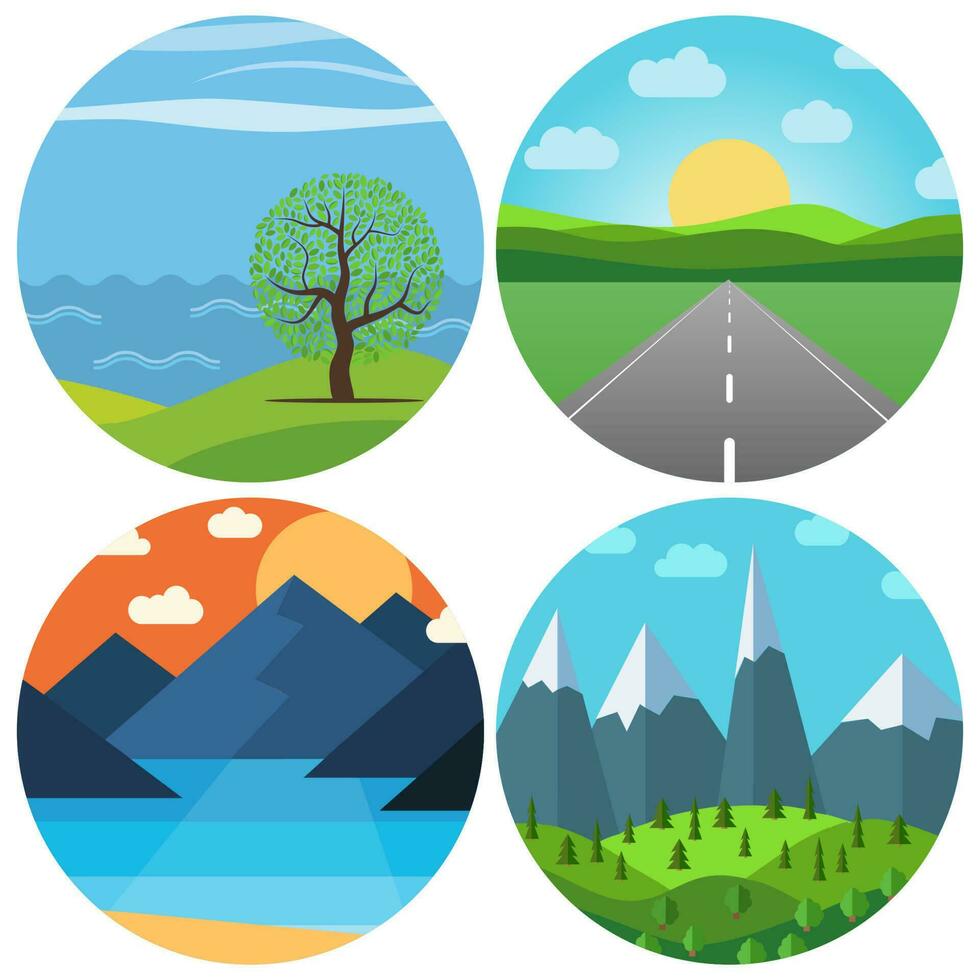 Set of four different vector cartoon landscape in circle. Natural landscape in the flat style.