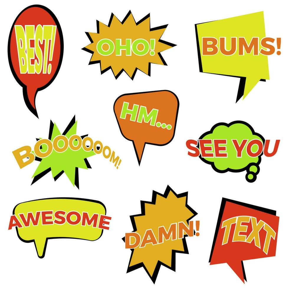 Set of nine cartoon comic balloon speech bubbles in flat style. Elements of design comic books with different phrases. Vector illustration