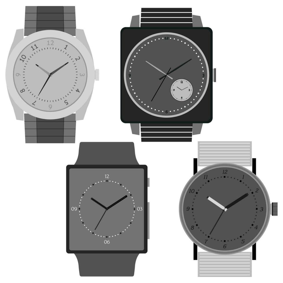 Set of four black and white watches on white background. Clock face with hour, minute and second hands. Vector illustration.