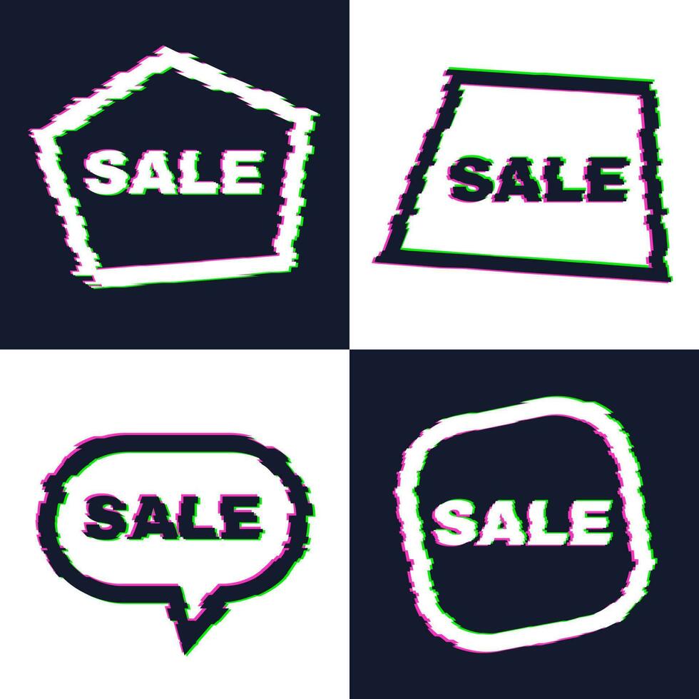 Set of four distorted glitch sale banners with error effect on the edges and in text. Vector illustration.