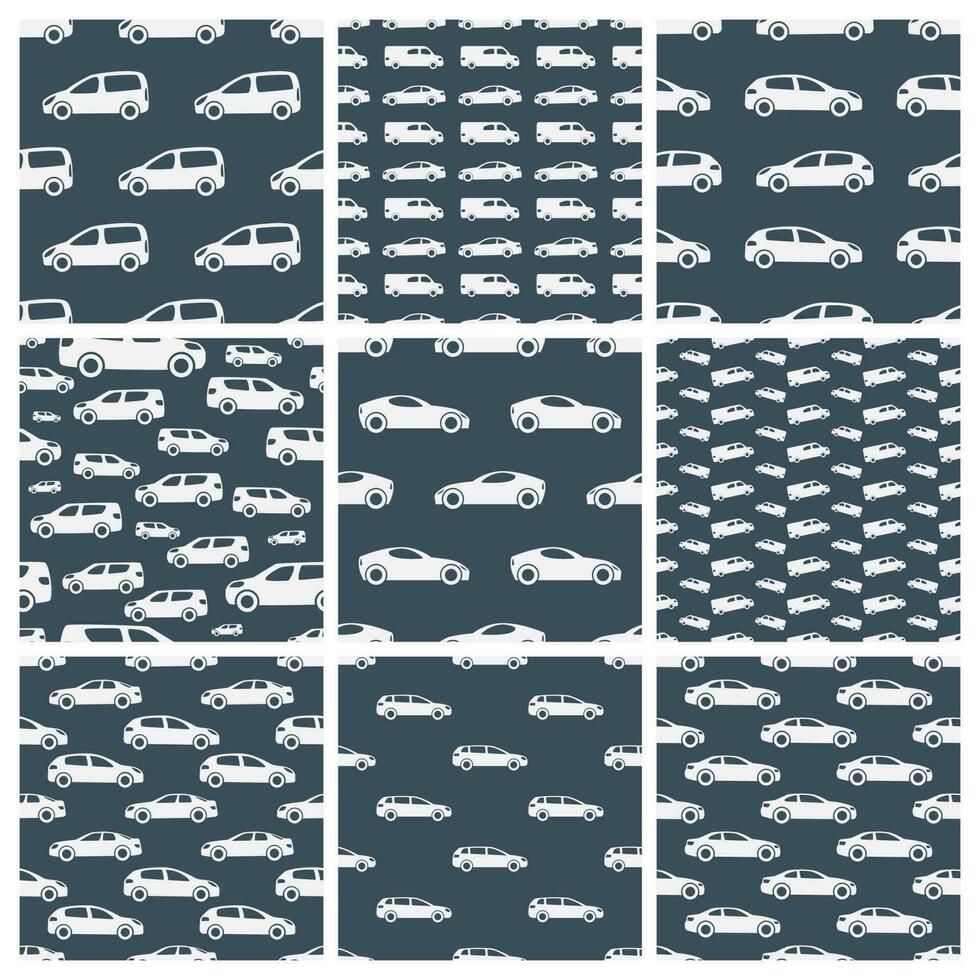 Set of nine seamless patterns with white cars on black background. Vector illustration.