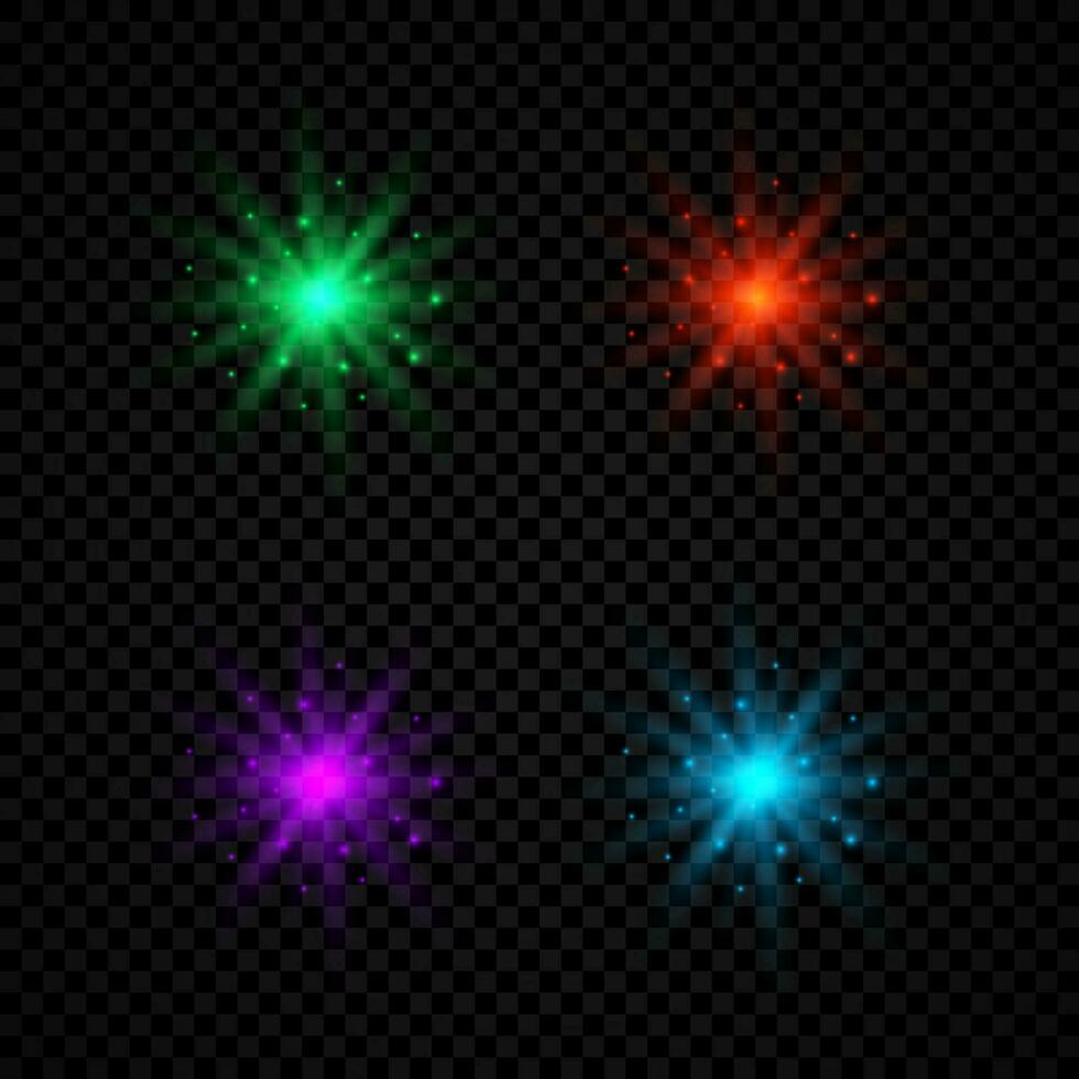 Light effect of lens flares. Set of four green, red, purple and blue glowing lights starburst effects with sparkles on a dark transparent background. Vector illustration