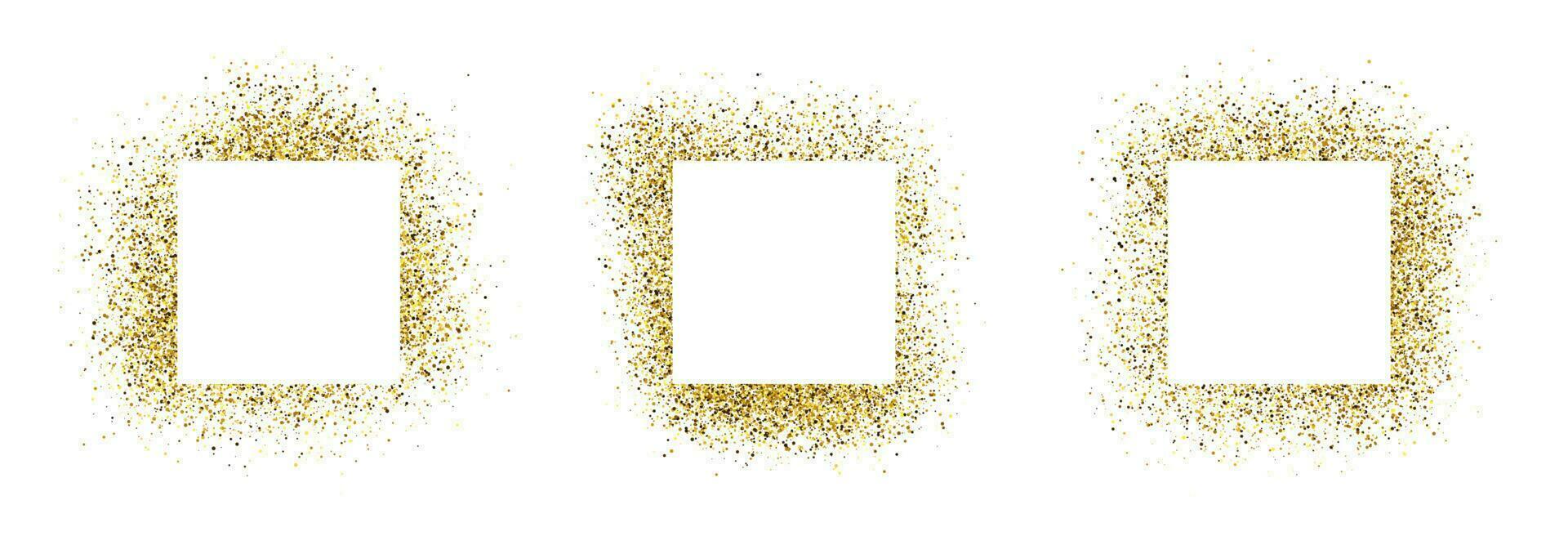Set of three greeting cards with white square frames on golden glitter background. Empty white background. Vector illustration.