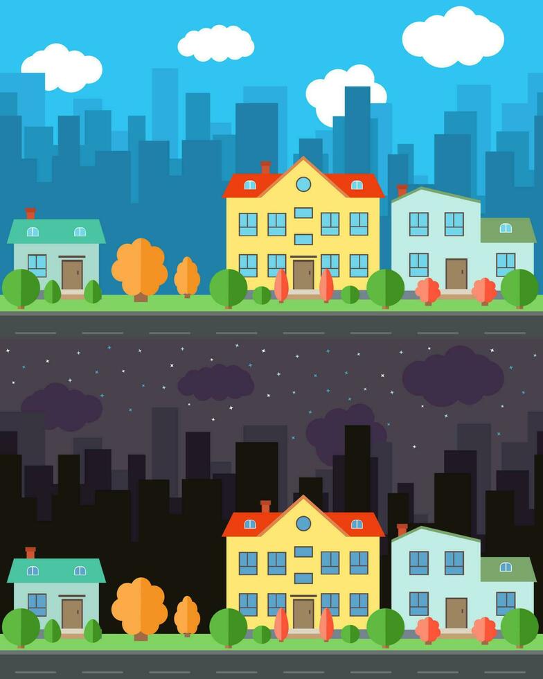Vector city with one and two-story cartoon houses in the day and night. Summer urban landscape. Street view with cityscape on a background