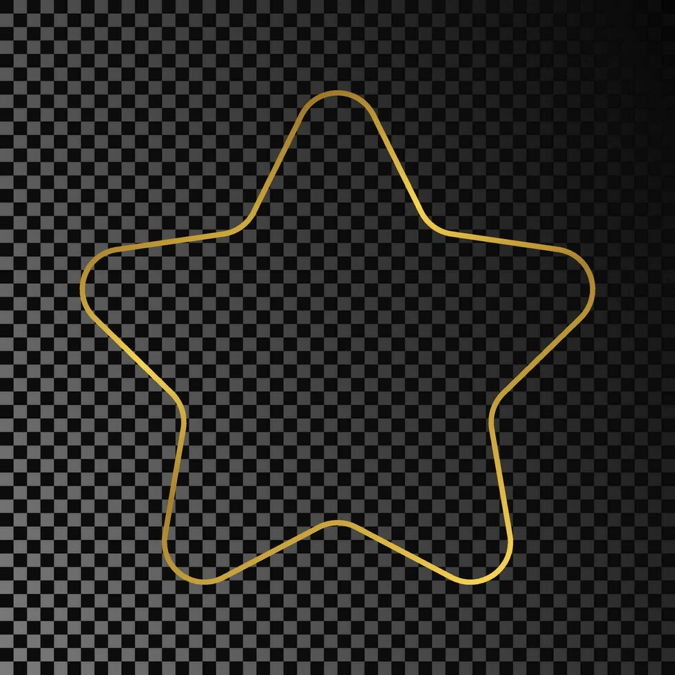 Gold glowing rounded star shape frame isolated on dark background. Shiny frame with glowing effects. Vector illustration.