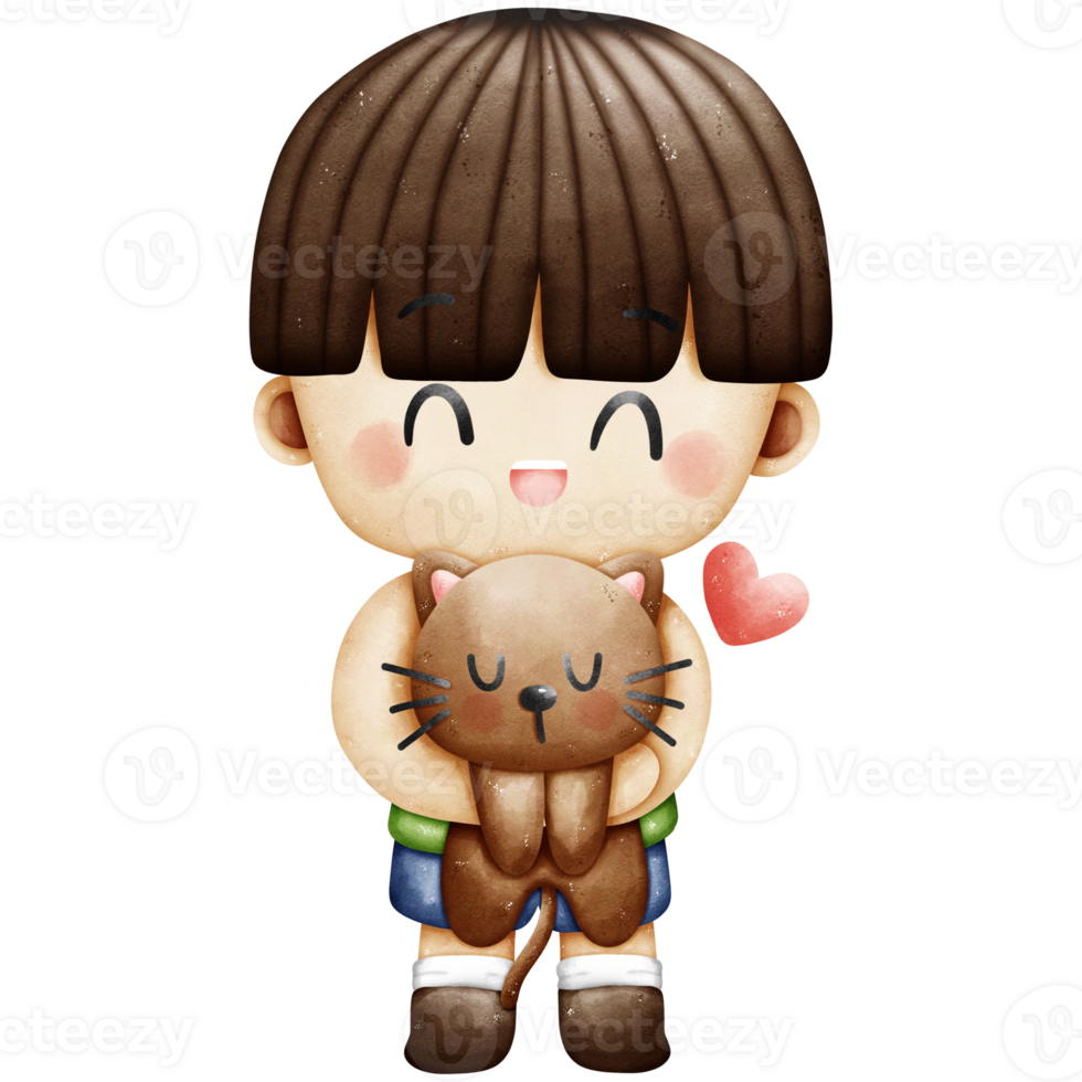 Cat with boy watercolor element png