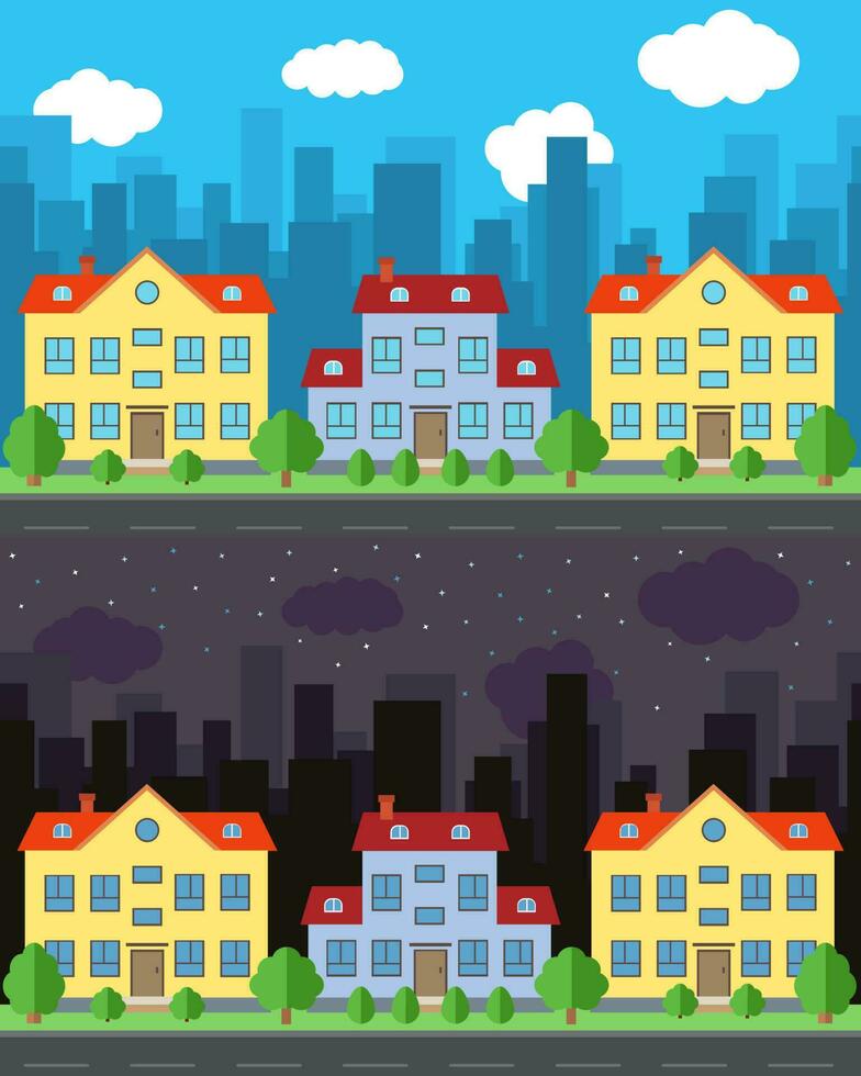 Vector city with three two-story cartoon houses in the day and night. Summer urban landscape. Street view with cityscape on a background