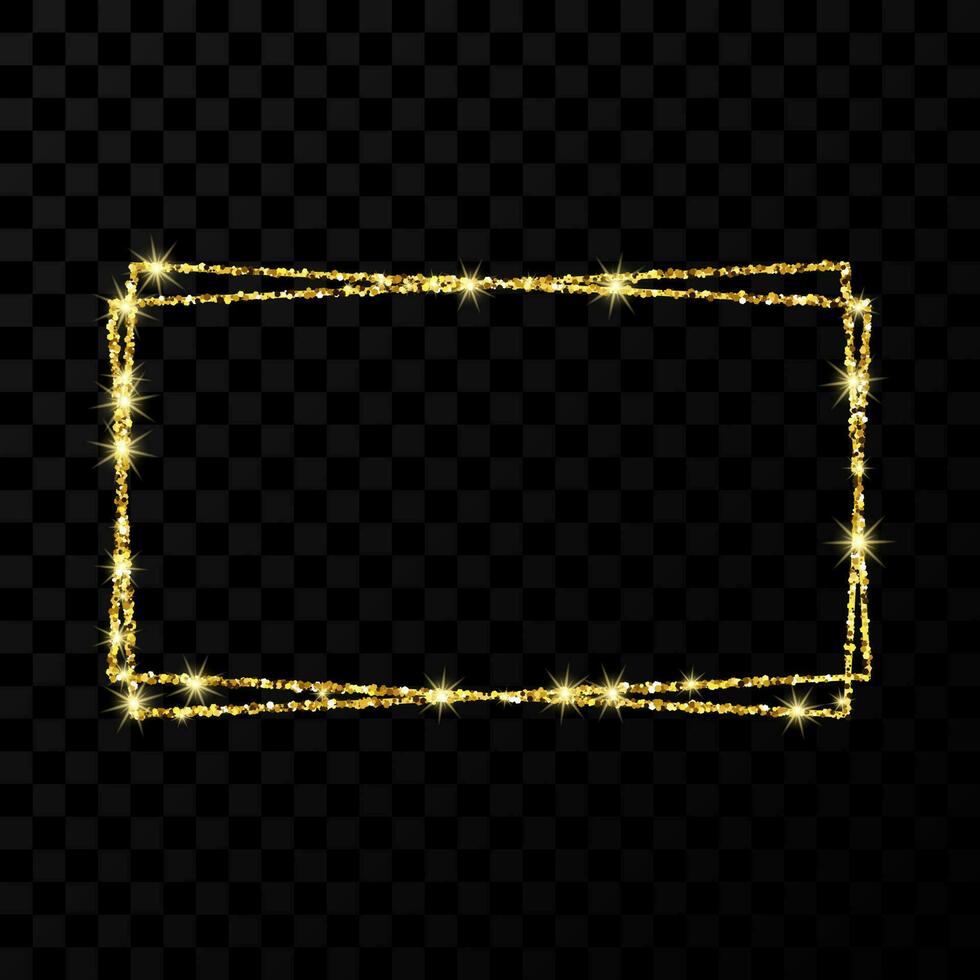 Gold double rectangle frame. Modern shiny frame with light effects isolated on dark vector