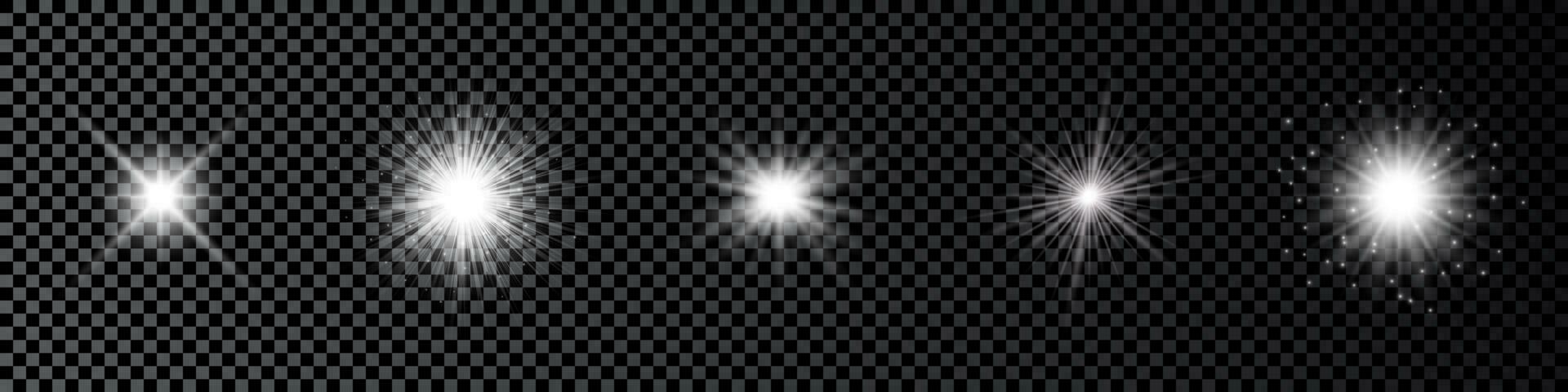 Light effect of lens flares. Set of five white glowing lights starburst effects with sparkles vector