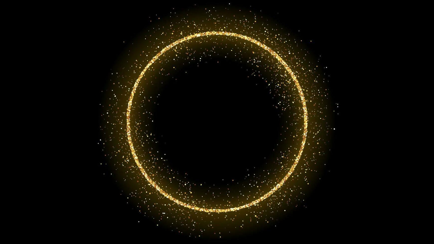 Golden circle frame with glitter, sparkles and flares on dark background. Empty luxury backdrop. Vector illustration