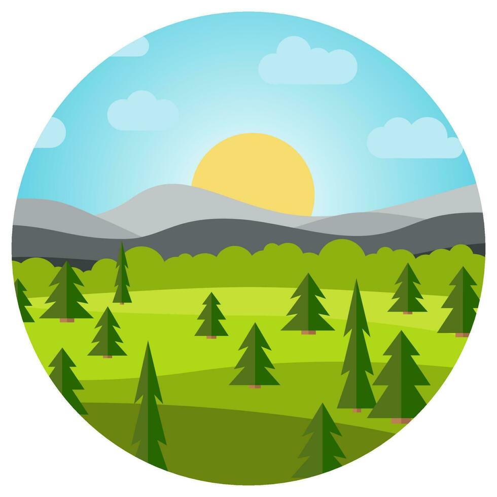 Vector landscape with field and trees and mountains in circle. Early morning with the rising of the sun on the horizon. Vector illustration.